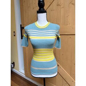 M Missoni Striped Knit Top XS Blue Yellow Short Sleeve Sweater